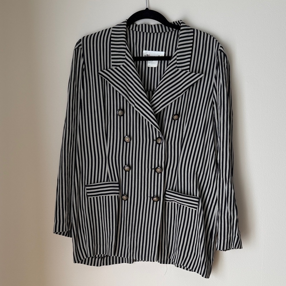 Allison-Che Women's Black White Striped Double Breasted Blazer Size 12